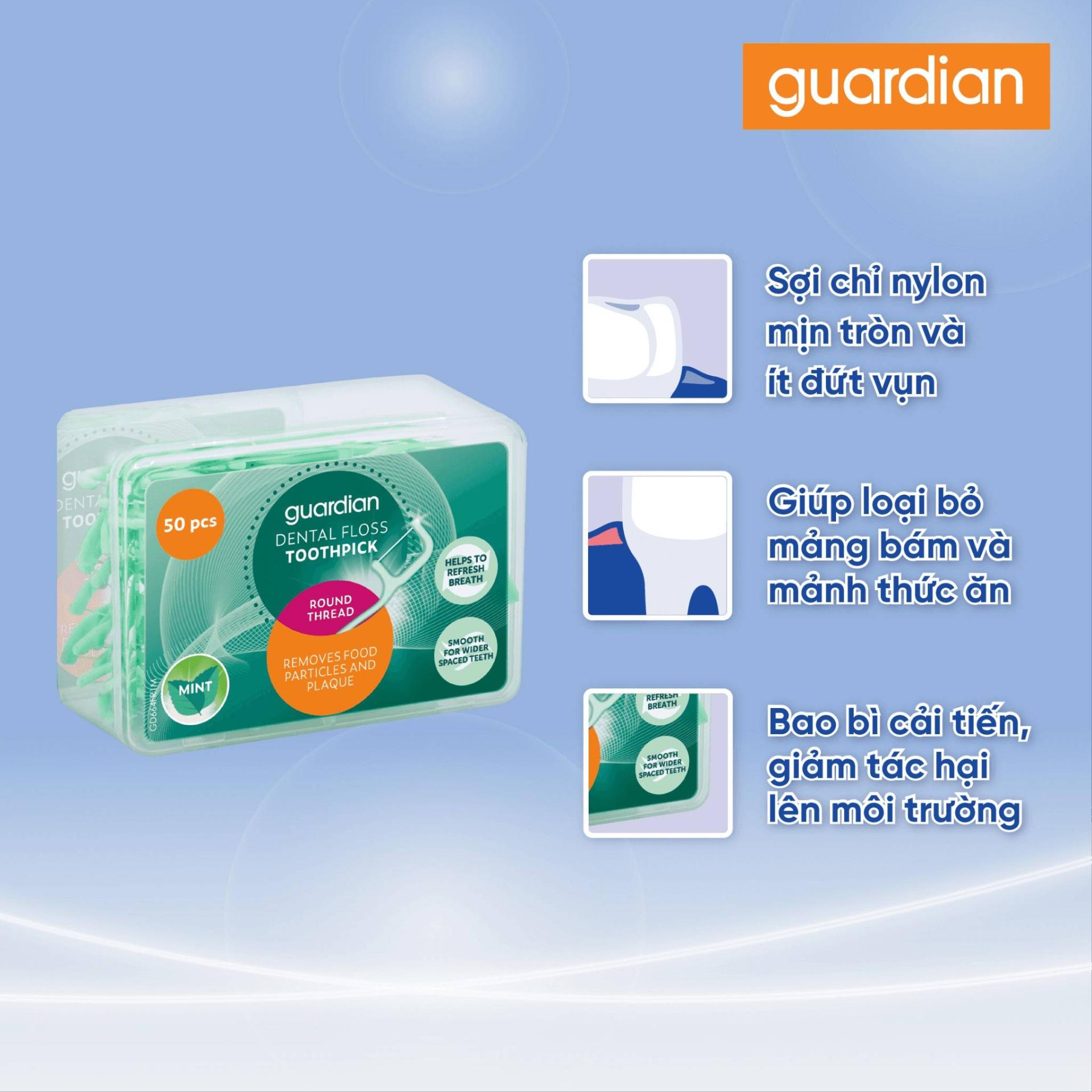 tam-chi-nha-khoa-bac-ha-giup-lam-sach-ke-rang-guardian-dental-floss-toothpick-round-thread-mint-dau-tron-huong-bac-ha-sang-khoai-50-cay-x-3-hop