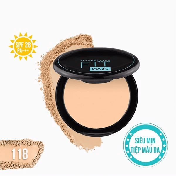 phan-nen-kiem-dau-chong-nang-12h-maybelline-fit-me-matte+poreless-oil-control-powder-#118-light-beige-spf-28-pa+++ -6g