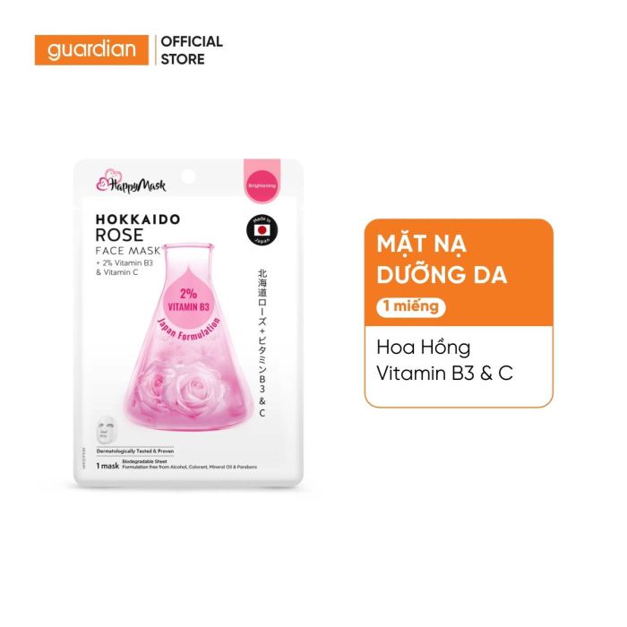 Mặt Nạ Dưỡng Sáng Da Happy Mask Tokyo Sakura Face Mask Chiết Xuất Hoa Hồng Hokkaido & 2% Vitamin B3 + Vitamin C 23ml