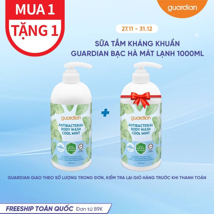 Sữa Tắm Kháng Khuẩn Guardian Cool Mint Antibacterial Body Wash Bạc Hà Mát Lạnh 1000Ml