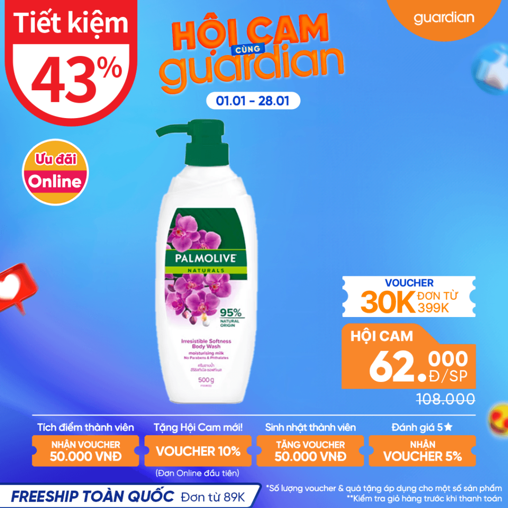 Sữa Tắm Thiên Nhiên Mịn Màng Quyến Rũ Palmolive Naturals Irresistible Softness Body Wash Moisturising Milk Chiết Xuất Hoa Phong Lan & Sữa 500g