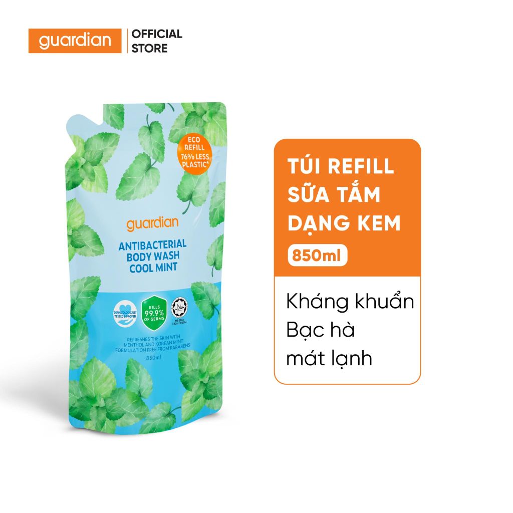 Túi Refill Sữa Tắm Kháng Khuẩn Guardian Antibacterial Body Wash Cool Mint Bạc Hà Mát Lạnh 850Ml