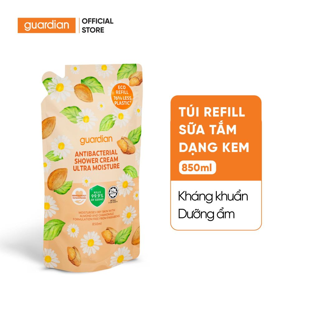 Túi Refill Sữa Tắm Dạng Kem Kháng Khuẩn Guardian Antibacterial Shower Cream Ultra Moisture Dưỡng Ẩm 850Ml