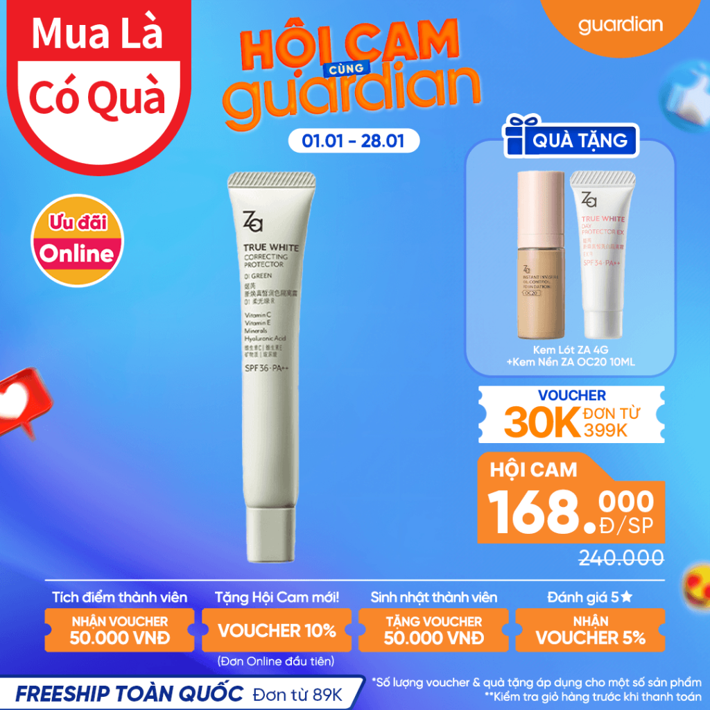 Kem Lót Dưỡng Ẩm Nâng Tông Da ZA True White Protector SPF34 PA++ 01 Green 35gr