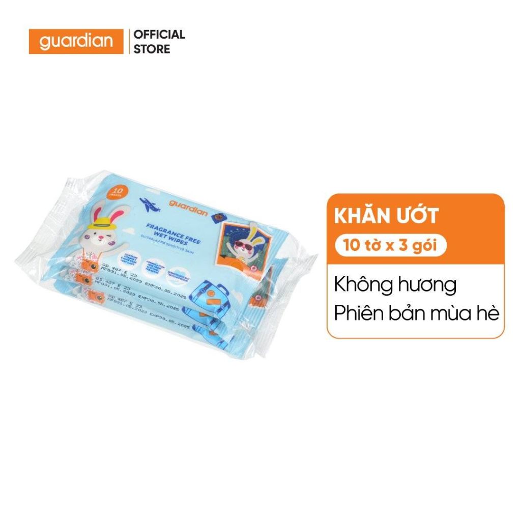 Khăn Ướt Guardian Fragrance Free Wet Wipes Không Hương 10 Tờ X 3 Gói (Phiên Bản 2023)