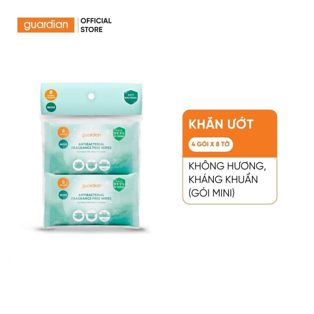 Khăn Ướt Kháng Khuẩn Guardian Antibacterial Fragrance Free Wipes Không Hương (Gói Mini) 4 Gói X 8 Tờ