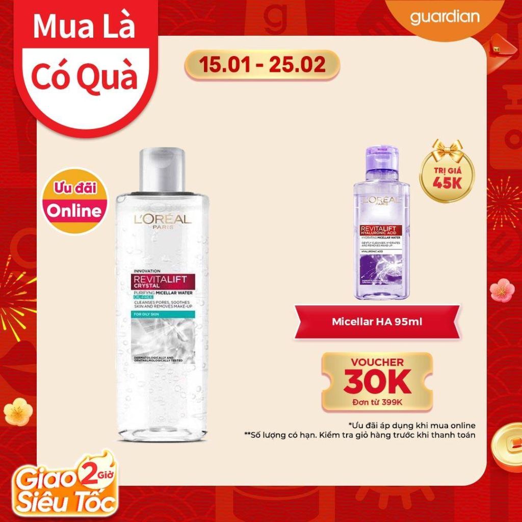 Nước Tẩy Trang L’Oréal Paris Revitalift Crystal Purifying Micellar Water Cho Da Dầu 400Ml