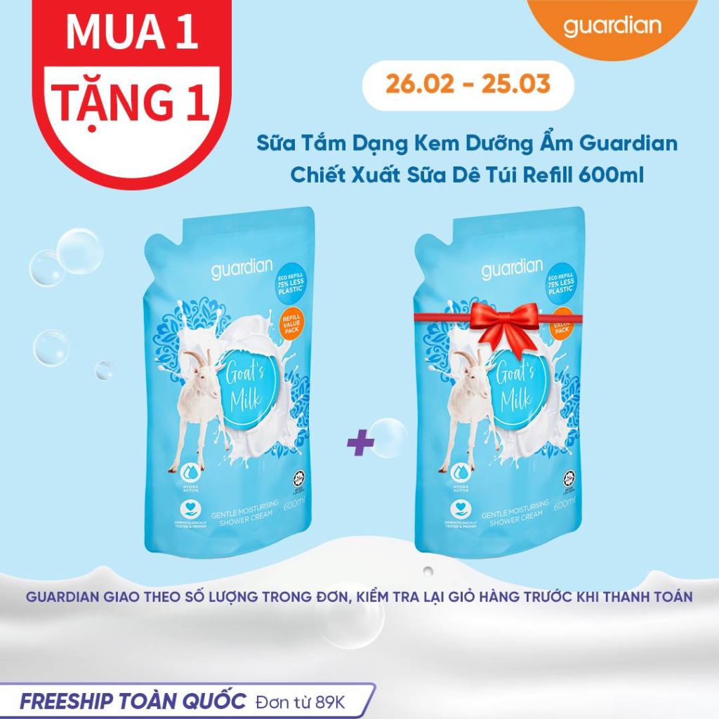 SỮA TẮM DẠNG KEM DƯỠNG ẨM GUARDIAN ESSENTIAL GOAT'S MILK MOISTURISING SHOWER CREAM CHIẾT XUẤT SỮA DÊ TÚI REFILL 600 ML