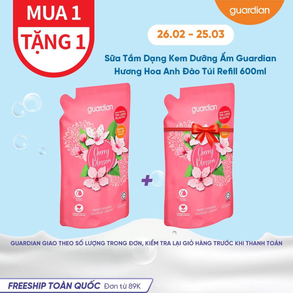 SỮA TẮM DẠNG KEM DƯỠNG ẨM GUARDIAN ESSENTIAL CHERRY BLOSSOM MOISTURISING SHOWER CREAM HƯƠNG HOA ANH ĐÀO TÚI REFILL 600 ML